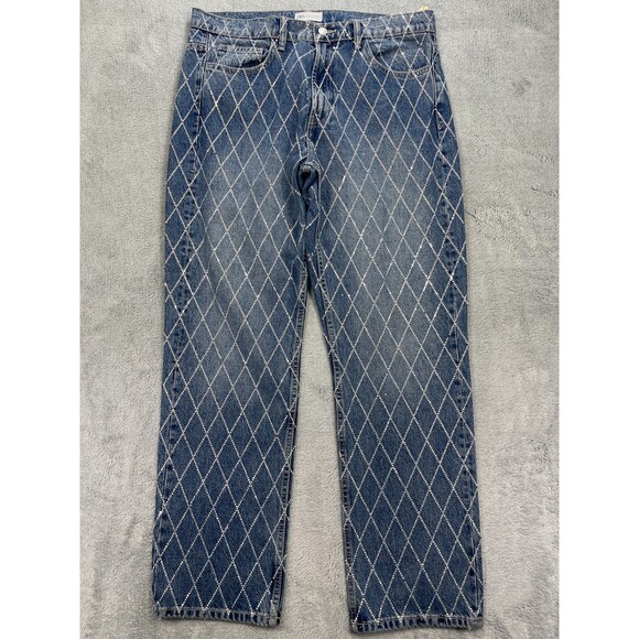 Zara Jeans Womens 12 Blue Denim Baggy Rhinestone Diamond High Rise Straight Leg - Picture 1 of 14